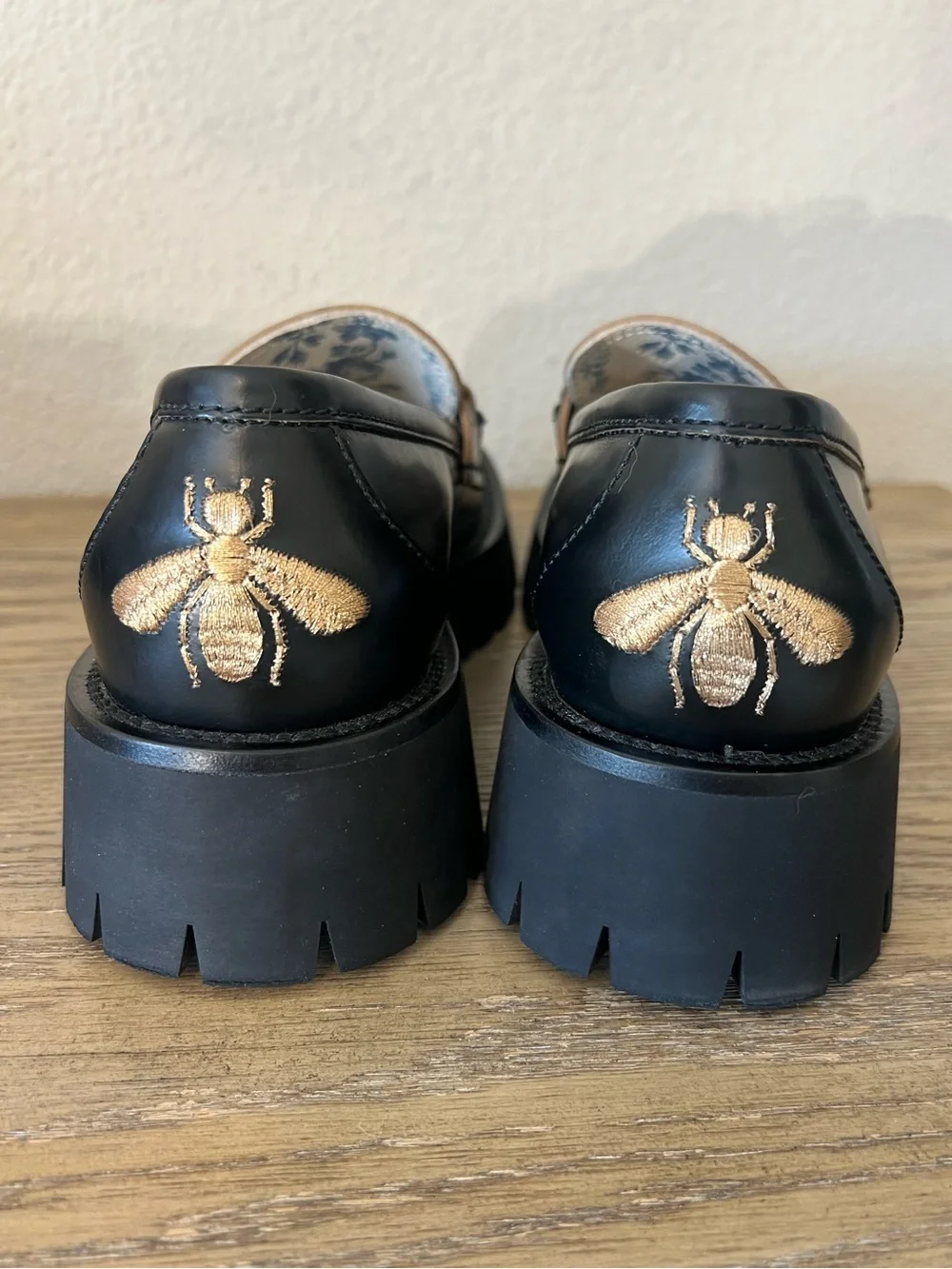 Gucci Cordovan Lux Lug Sole Black Gold Horsebit Bee Embroidered leather loafers